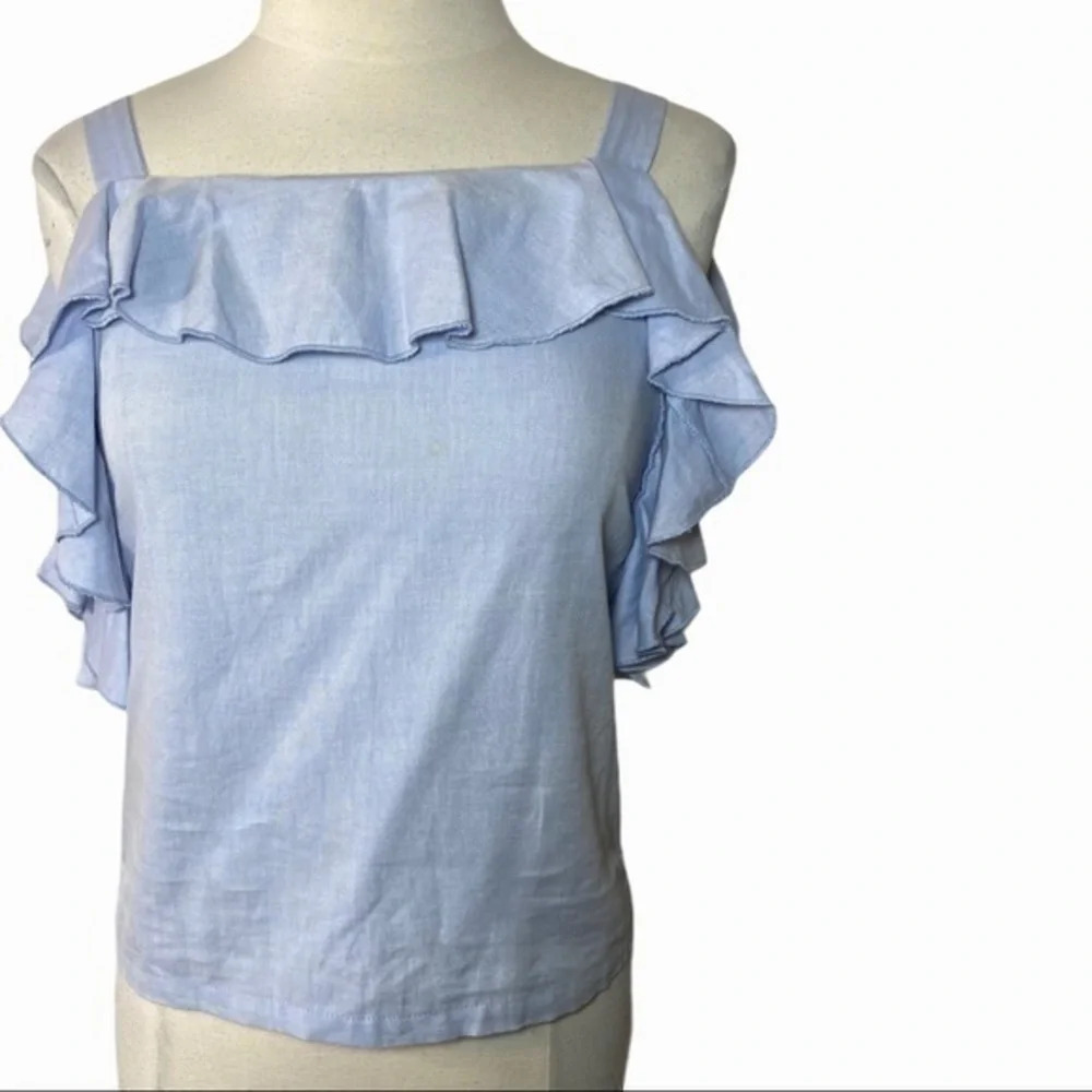 Maven West blue chambray ruffle top size small - Picture 3 of 9